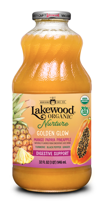 Lakewood Nurture Golden Glow | Organic Tropical Juice with Prebiotic Fiber, Ginger and Turmeric, 32oz Glass