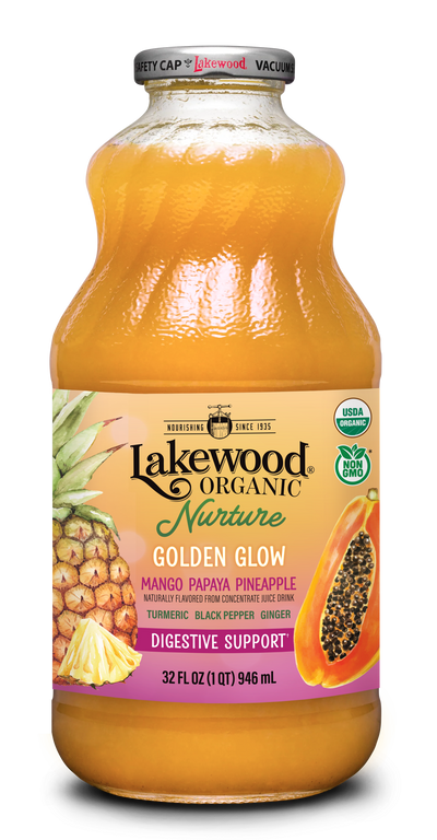 Lakewood Nurture Golden Glow | Organic Tropical Juice with Prebiotic Fiber, Ginger and Turmeric, 32oz Glass