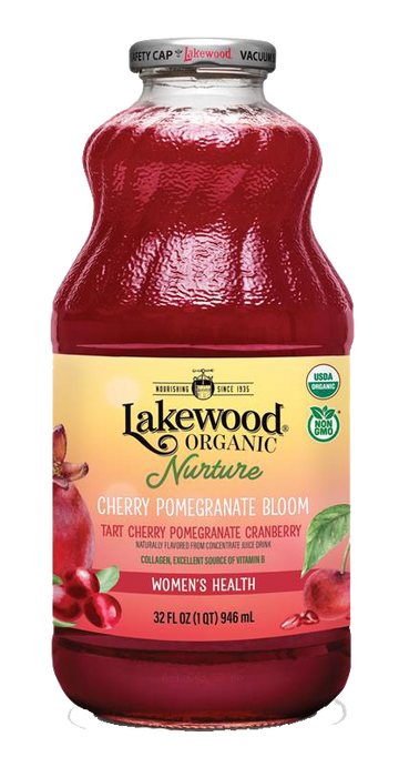 Lakewood Nurture Cherry Pomegranate Bloom | Organic Berry Juice with Collagen and Vitamins, 32oz Glass