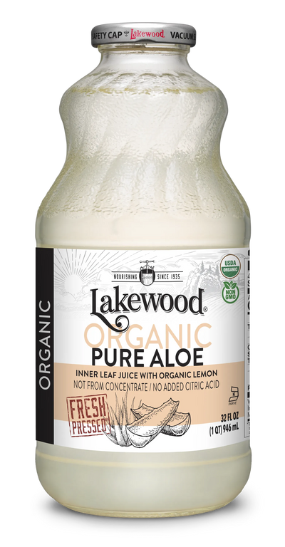 Lakewood Organic Pure Aloe Inner Fillet Juice | Aloin Free, 32oz Glass