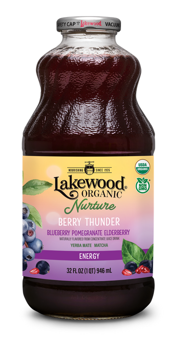 Lakewood Nurture Berry Thunder | Organic Berry Juice with Matcha and Yerba Mate, 32oz Glass
