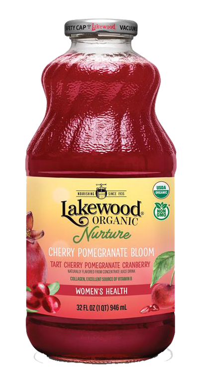 Lakewood Nurture Cherry Pomegranate Bloom | Organic Berry Juice with Collagen and Vitamins, 32oz Glass