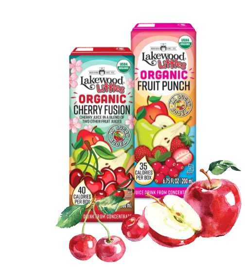 Two boxes of Lakewood Little's Organic Juice with cherry and fruit punch flavors, surrounded by fruits on a white background.