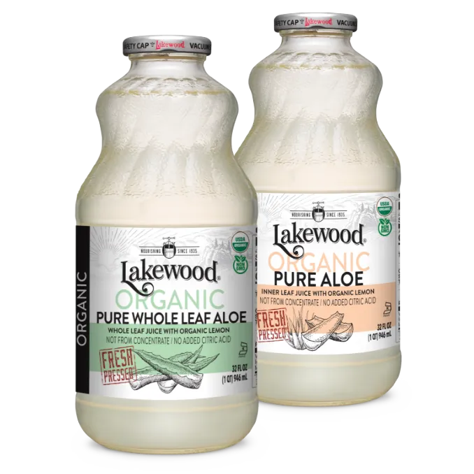 Two bottles of Lakewood Organic Pure Whole Leaf Aloe on a white background